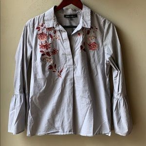 3/$25 Embroidered Blue Pinstripe Bell Sleeve Top